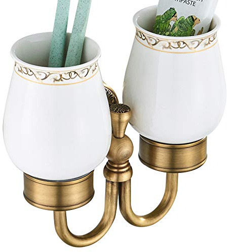 Weare Home Antike Zahnputzbecherhalter, Messing Zahnbecherhalter,Retro Klassic Solide Kupfer Zahnbürstenhalter und Keramik Glas Form Doppelt Zahnbürstenhalter