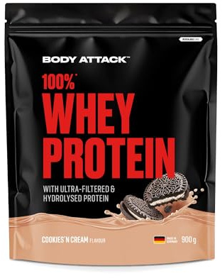 Body Attack 100% whey protéine, protéines musculation - protein powder crémeuse avec hydrolysat et BCAA, prise de masse et régimes, pour athlètes et sportifs-Fabriqué en Allemagne-900g Cookies n Cream