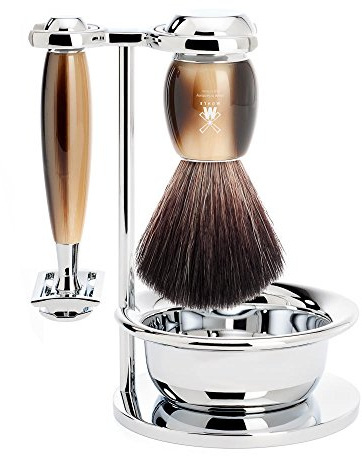 MÜHLE VIVO Brown Horn Resin 4-piece Black Fibre Safety Razor Shaving Set