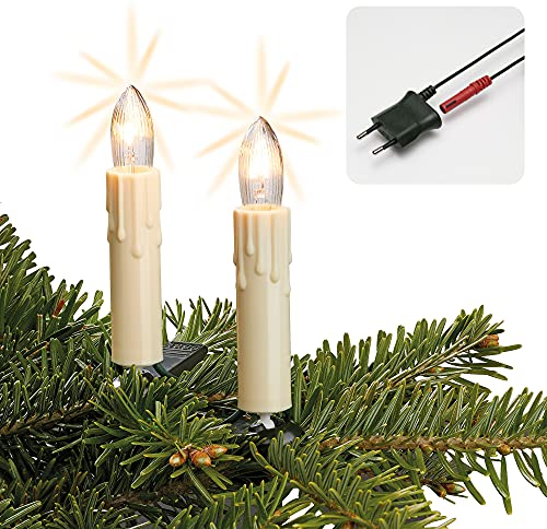 hellum Lichterkette mit Wachstropfen, Made in Germany, Riffelkerzenkette mit Clip, 15 Lichter, beleuchtete Länge 9,8 m, warmweiß, Schaft ivory, für Innen, teilbarer Stecker, kein LED <59lm 811575