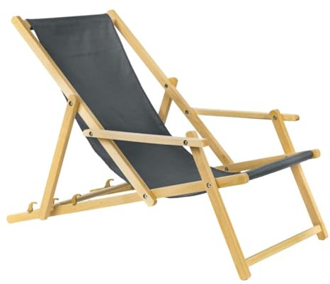 BAS Holz Sonnenliege Strandliege Liegestuhl aus Holz 3 Stufen Klappbare Gartenliege mit Armauflagen grau