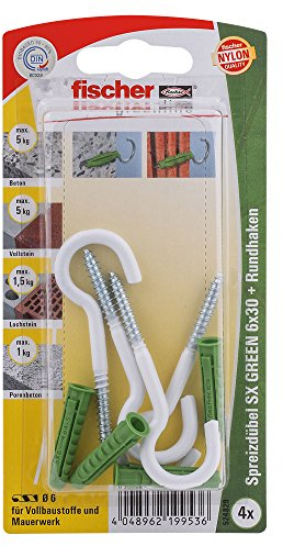 Fischer Spreizdübel SX Green 6x30 RH K, Inhalt: 4 x Dübel, 4 x Rundhaken 4 x 65 weiß, nylonbeschichtet, 524829