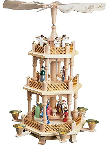 Richard Glässer Seiffen Weihnachtspyramide Christi Geburt, 2-stöckig, 40 cm hoch, original Erzgebirge