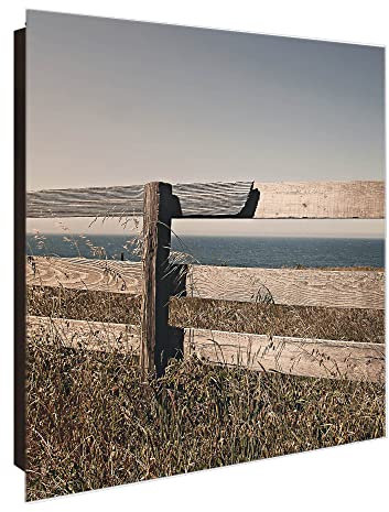banjado Großer Schlüsselkasten Glas - Schlüsselbox 30x30cm mit 50 Haken - Schlüsselkasten modern für Schlüsselaufbewahrung mit beschreibbarer, magnetischer Glastür - Motiv Zaun am Meer