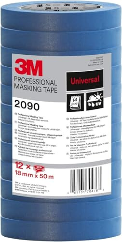 3M Pro 2090 Cintas de Enmascarar, Multisuperficie - 12 Rollos, 18 mm x 50 m - Cinta Adhesivapara Pintores, para Pintar y Decorar, Interior y Exterior
