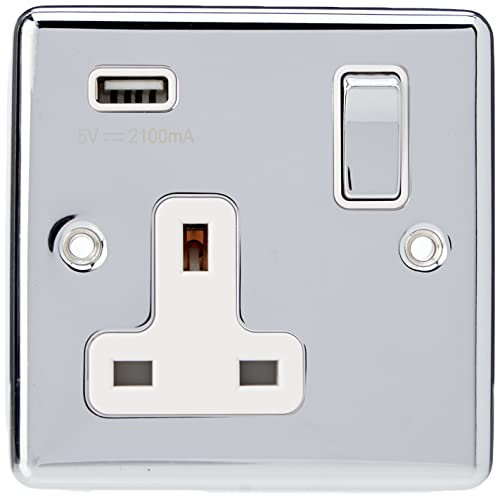 AET USBCPC1GSOCWC Polished Chrome Classical 1 Gang w Charging Port White Insert Metal Rocker-13 Amp Single Plug Socket & USB Power Outlet