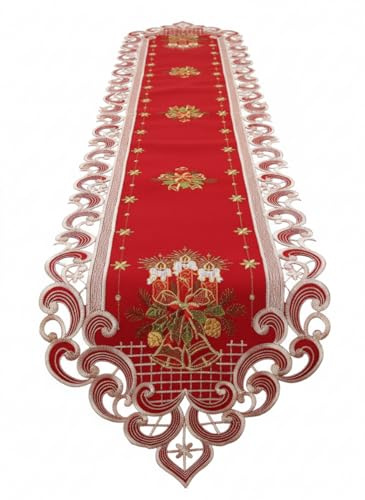 HanaQi Weihnachten Tischläufer Tischdecke Dunkelrot Leinenoptik Rot Kerzen Stickerei (ca. 30x160 cm Zugespitzt)