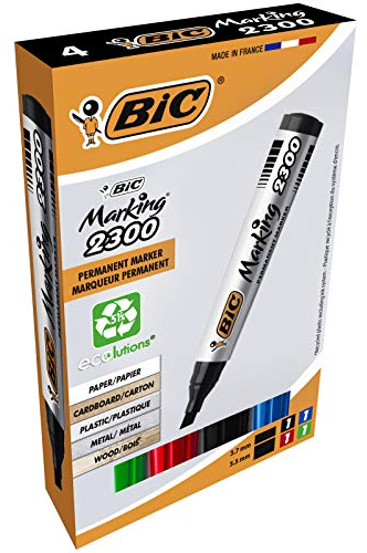 BIC Marking 2300 Ecolutions Permanent Markers - Assorted Colours, Pack of 4 Markers With Chisel Tip - 3.7 to 5.5 mm