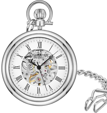 Stuhrling Original Men's Pocket Watch Stainless Steel Analog Skeleton Watch Hand Wind Mechanical Movement Stainless Steel Chain
