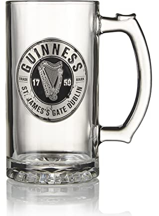Guinness Boccale da birra con logo in peltro, stile birreria, pub, pinta, bicchiere, stile boccale con distintivo in metallo