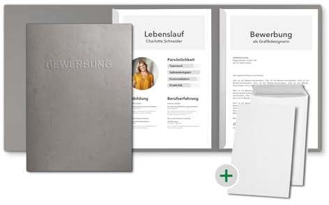 15 Stück 3-teilige Bewerbungsmappen Grau mit 2 Klemmschienen in feinster Lederstruktur - hochwertige Prägung ''BEWERBUNG'' - inkl. 15 Versandumschläge in Weiß - direkt vom Hersteller STRATAG