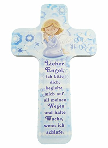 Kinderkreuz / Taufkreuz für Mädchen (rosa) und Jungen (hellblau) als ideales Taufgeschenk, Konfirmation, Kommunion, Firmung, Jugendweihe mit „Lieber Engel begleite mich …“ im Kinderzimmer an Schrank, Tür oder Wand aufhängen - aus unserer Reihe Kinderkreuze und Geschenke zur Geburt & Taufe (BLAU))