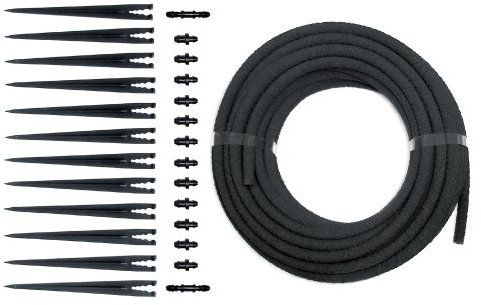 Irrigatia Seep Hose Extension Kit - designed to extend the Irrigatia Solar Powered Automatic Watering system. Contains 12m seep hose, 12 stakes, 12 stoppers, 2 connectors. Connect Seep Hose directly to the Irrigatia drippers.