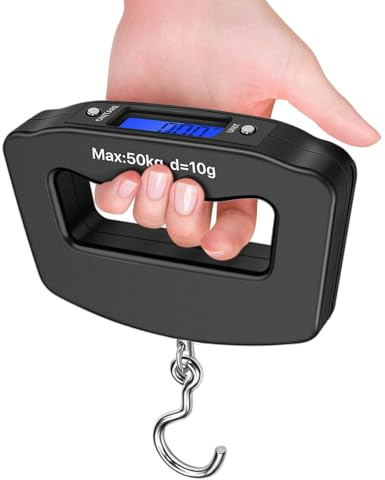 Flexzion Balanza digital portátil con gancho colgante y pantalla LCD, Herramienta electrónica de equilibrio de peso 50kg / 10g para pesca, casa, equipaje de viaje y postal