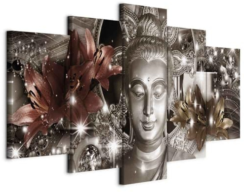 B&D XXL - Leinwandbild Buddha Blumen Diamant, 200x100 cm, 5-teilig, modern | Hochwertige Leinwand, sofort aufhängbar, ideal fürs Wohn- oder Schlafzimmer, wasserfest und lichtecht, langlebig, stilvoll