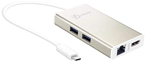 j5create JCA374 Adaptador de Cable USB Type-C HDMI, RJ-45, USB 3.0 x 2 Oro, Blanco