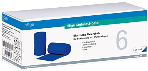 Höga Pharm Mubilast-Color, 6 cm x 4 m gedehnt, 20 Stück, blau, elastische Fixierbinde für die Fixierung von Wundauflagen, hautfreundlich, luftdurchlässig, rutschfest