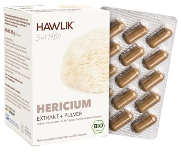 HAWLIK Vitalpilze Bio Hericium Extrakt + Pulver Kapseln - 120 Kapseln im Blister - Mit Vitamin C - Natürlicher Anbau - Vegan