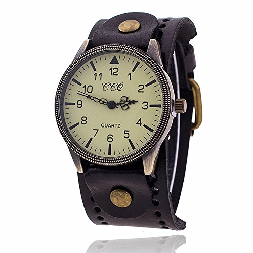 FENKOO - Reloj de Pulsera analógico de Cuarzo con Correa de Piel Vintage, Unisex, Esfera Grande