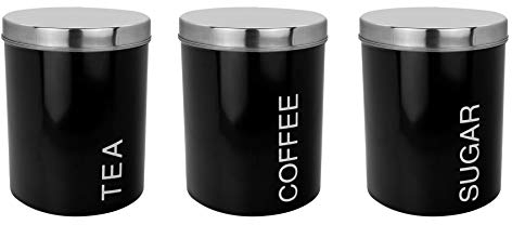 Harbour Housewares Round Metal Tea Coffee Sugar Canisters - Black - 3pc Set - Retro Kitchen Storage Loose Tea Coffee Beans Granulated Sugar Airtight Container Food Preserve Caddy with Lid