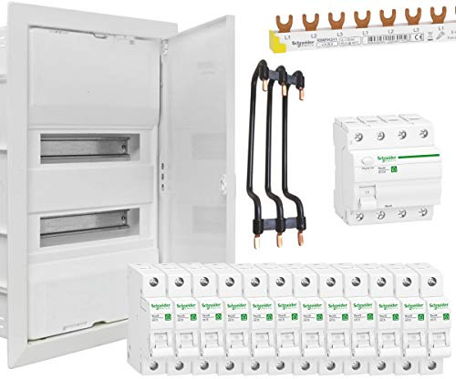 WITTKOWARE Unterputz Elektroverteilungs-Paket, 2-reihig, weiß, Stahlblechtüre, 1x FI-Schalter 40A/0,03, 12x LS-Schalter B16A, Phasenschiene, Reihenbrücken