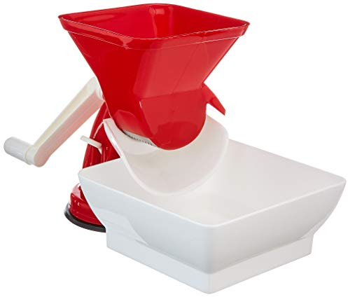 Rigamonti Passapomodoro manuale con vaschetta. Spremi pomodori per salsa di pomodoro. Ideale per uso casalingo. Con retina in acciaio inox, ventosa in gomma. Smontabile e lavabile in lavastoviglie.