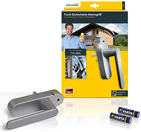 Schellenberg 46513 Fenstergriff mit Alarmfunktion, Balkontürgriff, Smart Home Funk-Alarmgriff - für mehr Sicherheit, lauter Alarm, 32-43 mm Vierkantlänge - stufenlos einstellbar