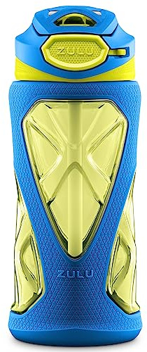 ZULU Torque 16oz Plastic Kids Water Bottle with Silicone Sleeve and Leak-Proof Locking Flip Lid and Soft Touch Carry Loop for School Backpack, Lunchbox, Outdoor Sports, BPA-Free Dishwasher Safe, Gray