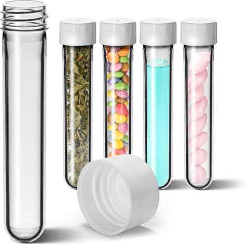 Tuuters 10x Kunststoff Reagenzgläser mit Schraubverschluss (140 xØ25mm) PET | 40ml Füllvolumen, 14cm hoch, Lebensmittelecht, ideal für Geocaching, Gewürze, Gastgeschenke oder als Samenröhrchen