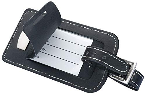 Schwarzer Kofferanhänger aus Bonded Leder (Lederfaserstoff) mit Metallplättchen - verdecktem Adressfeld und Ziernaht