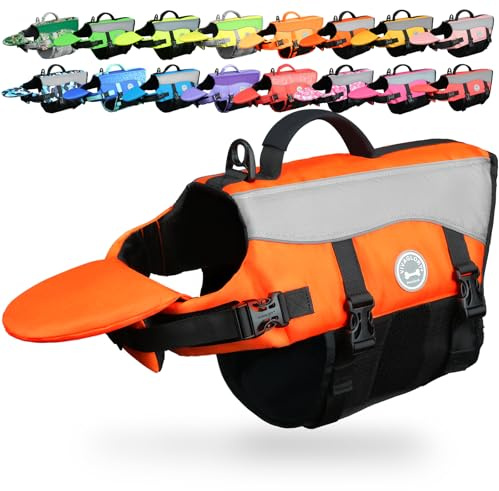 VIVAGLORY Front Float Dog Life Vest, Dog Life Jacket for Swimming & Boating, Swimming Vest with Chin Float & Handle, Ripstop & Buoyancy for Puppy Doggy, L, Bright Orange