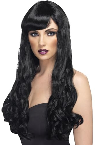 Smiffys Perruque désir noire, cheveux longs, bouclés avec frange Halloween