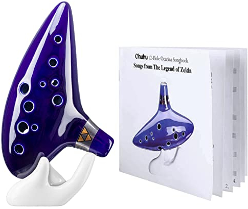 Ohuhu Zelda Ocarina, 12-Loch-Okarina von the Legend of Zelda, Zelda Alto C Triforce Link-Cosplay Geschenk für Zelda-Fans mit Ausstellungsstand Schutztasche Notenschrift, Ceramic Replica, Blau