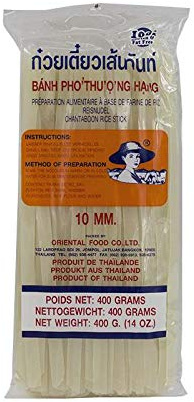 Noodles de arroz anchos 10 mm 400 g tipo tallarín, fideos planos para Pad Thai, wok y sopas, cocina asiática auténtica