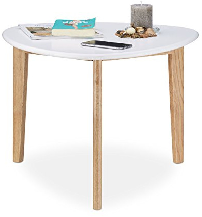 Relaxdays Couchtisch, Nierentisch, Tischbeine aus Eichen-Holz, weiße Tischplatte, modernes Retro-Design, 50er Jahre, weiß / natur