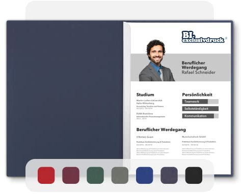 5 Stück zweiteilige Bewerbungsmappen BL-exclusivdruck® BL in Marineblau - Premium-Qualität mit edler Relief-Prägung 'Bewerbung' - Produkt-Design von 'Mario Lemani'