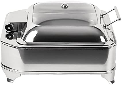 Olympia Electric Square Chafer Glass Lid 6Ltr Stainless Steel, 410mm | Wet heat operation keeps dishes hot; soft-close mechanism prevents slams. Includes food pan for immediate commercial use.