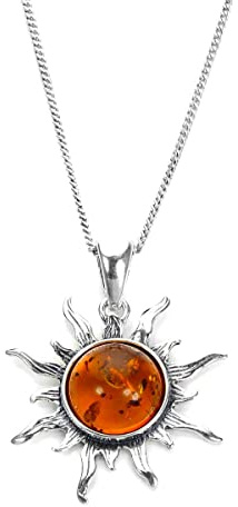 Ciondolo pendente a forma di sole ardente in argento Sterling e Ambra baltica con collanina - 40,6cm