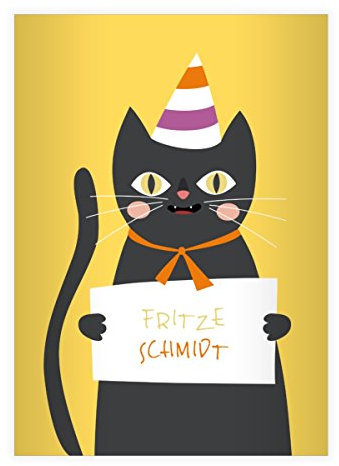 Kartenkaufrausch 16 personalisierte, Super süße Katzen DIN A4 Grundschul Hefte mit Party Hut in gelb Kontrastlineatur 1