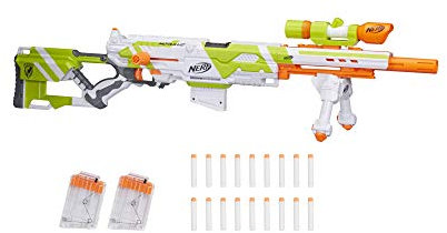 NERF Longstrike Modulus Leksakspistol med tunnförlängning, bipod, räckvidd, 18 Elite-dart och 3 sex klämmor (exklusivt för Amazon)