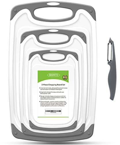 SKERITO Chopping Board Set, BPA Free Plastic Kitchen Cutting Boards with Non-Slip Feet and Deep Drip Juice Groove, Set of 3, Gray