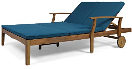 Christopher Knight Home Samantha Double Chaise Lounge for Yard and Patio, Acacia Wood Frame, Teak Finish with Blue Cushions