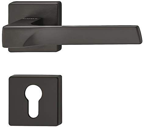 JUVA Drückergarnitur Messing Türbeschlag schwarz Türgriff Zimmertür - LDH 3205 | PZ - Zylinder | Drücker-Paar mit eckiger Rosette | 1 Set - Design Türdrücker-Garnitur für Innentüren mit Schrauben