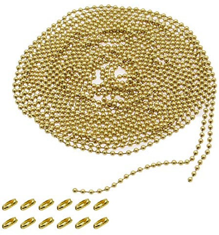 BokWin Pull Chain Extension, 5m/16 Feet Brass Fan Extender With Solid Connectors, 3.2mm Ball Chain, Adjustable Ceiling Fan Pull With 12 Matching Connectors - Golden