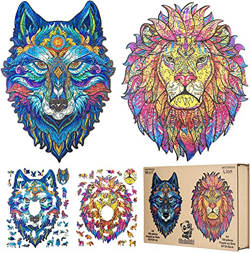 OTAKUKID® - Holzpuzzle Tiere - Komplettpaket mit 2 Puzzles (Wolf & Löwe) - Reflexionsspiel/Puzzlespiel für Erwachsene und Kinder - Geschenkidee - 150 & 150 Teile