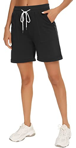 Enjyam Klassiska bermudashorts i 100 % bomull för kvinnor, sportshorts, fukttransporterande träningskläder med fickor, vandringsshorts, pyjamasbyxor