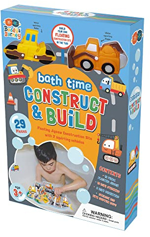 Buddy & Barney Bath Toy - Bath Time Construct & Build Activity Set for 2 3 4 5 6 7 Year Olds, 29 Pieces with Jigsaw, Digger & Bulldozer Water Squirter Toy, Handy Storage Organiser Bag Suction Cups