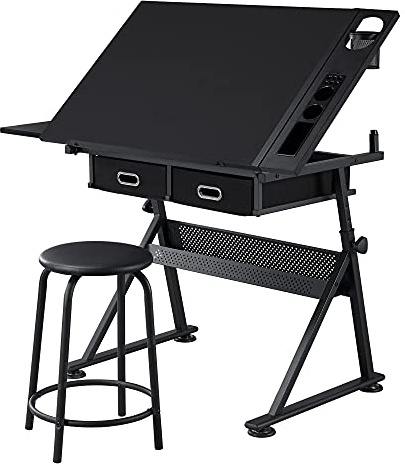 costoffs Craft Table Tilt Top Double Drawers Height Adjustable Stool Black
