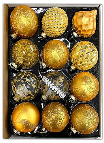 12 Set Glas Weihnachtskugeln Ø 6 cm Handbemalt Christbaumkugeln Weihnachtsbaumkugeln Echtglas Weihnachtsbaumschmuck (Gold)