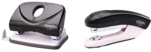 M1SS Set of Black and White Colour Ergonomic Line Two Hole Punch Machine 25 Sheet Capacity with Clinch Plastic Stapler 16 Sheet Capacity Rubber Base Office Desktop School College